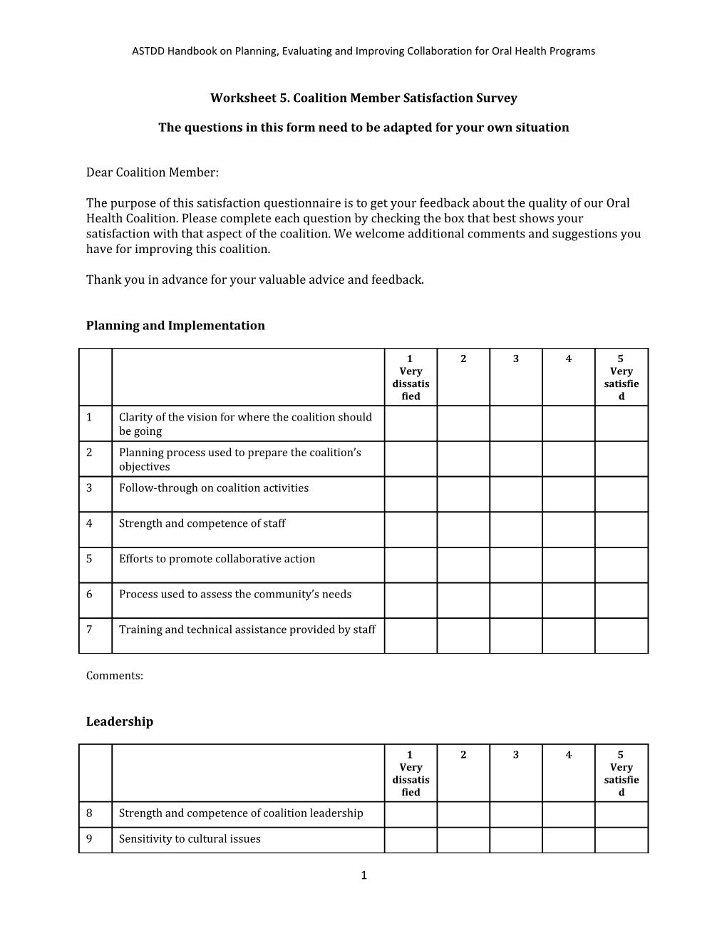 Worksheet 5. Coalition Member Satisfaction Survey