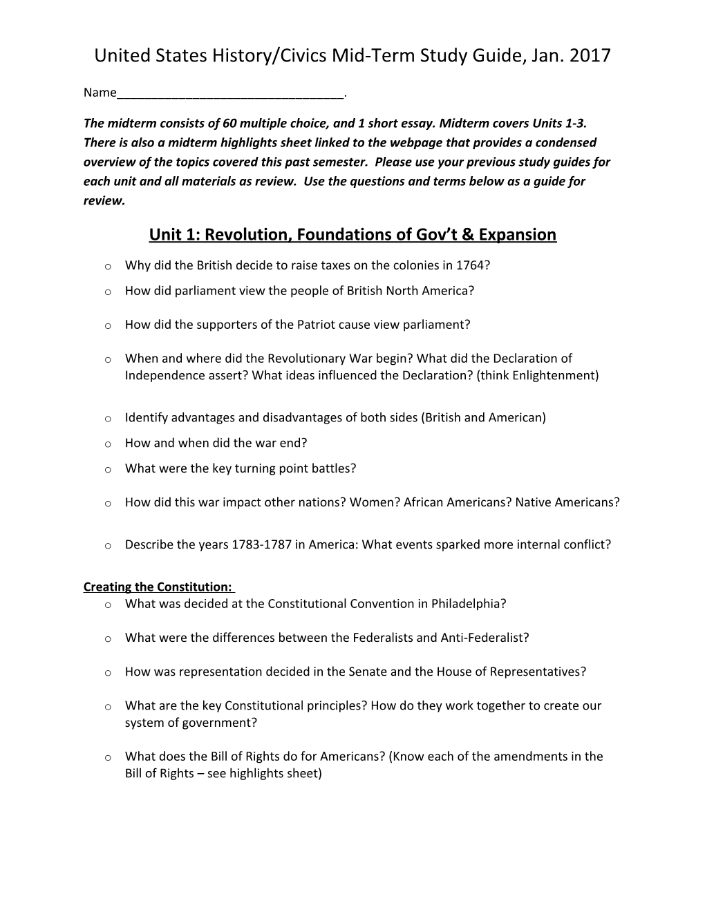 Unit 1: Revolution, Foundations of Gov T & Expansion