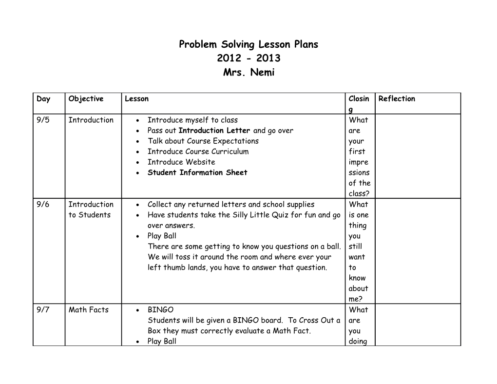 Problem Solving Lesson Plans