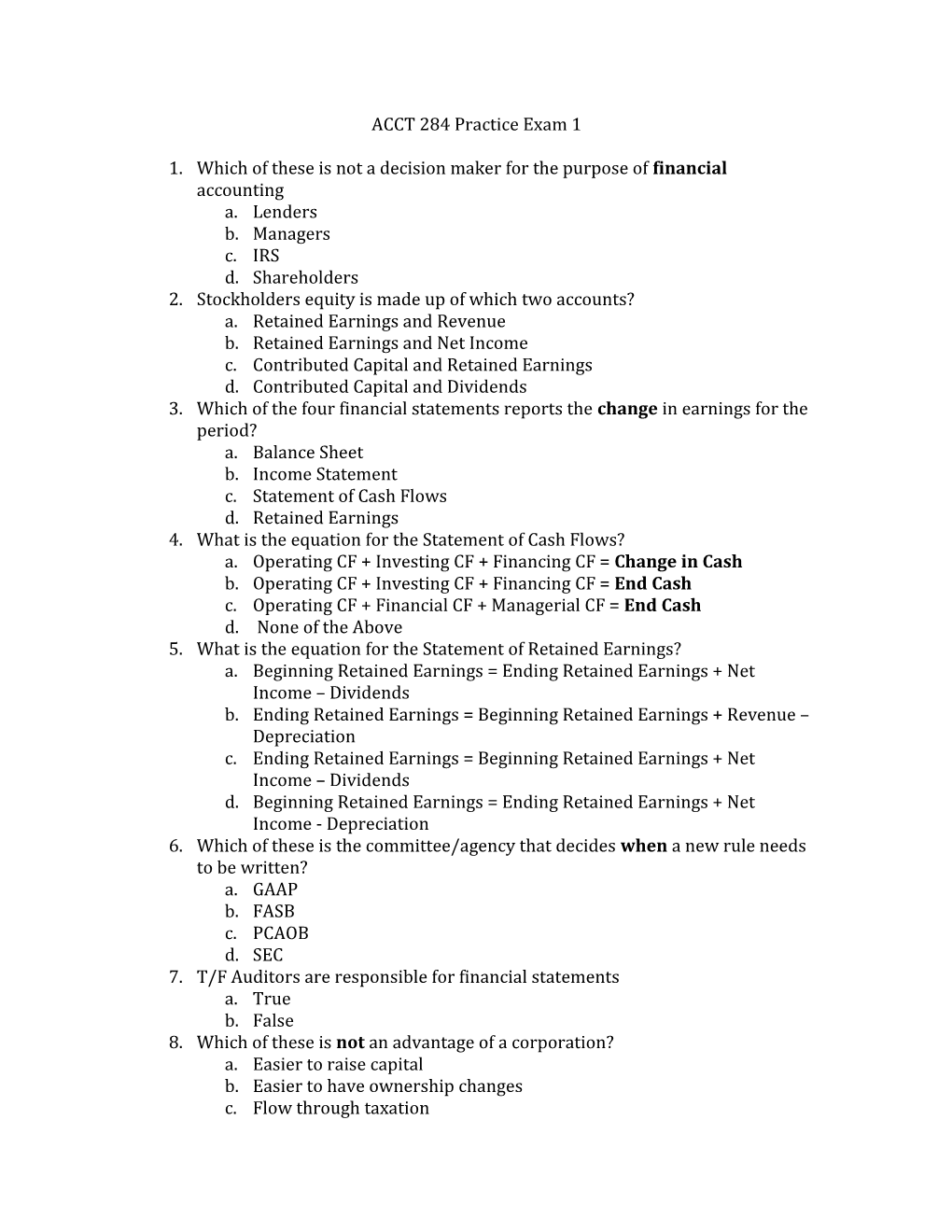 ACCT 284 Practice Exam 1