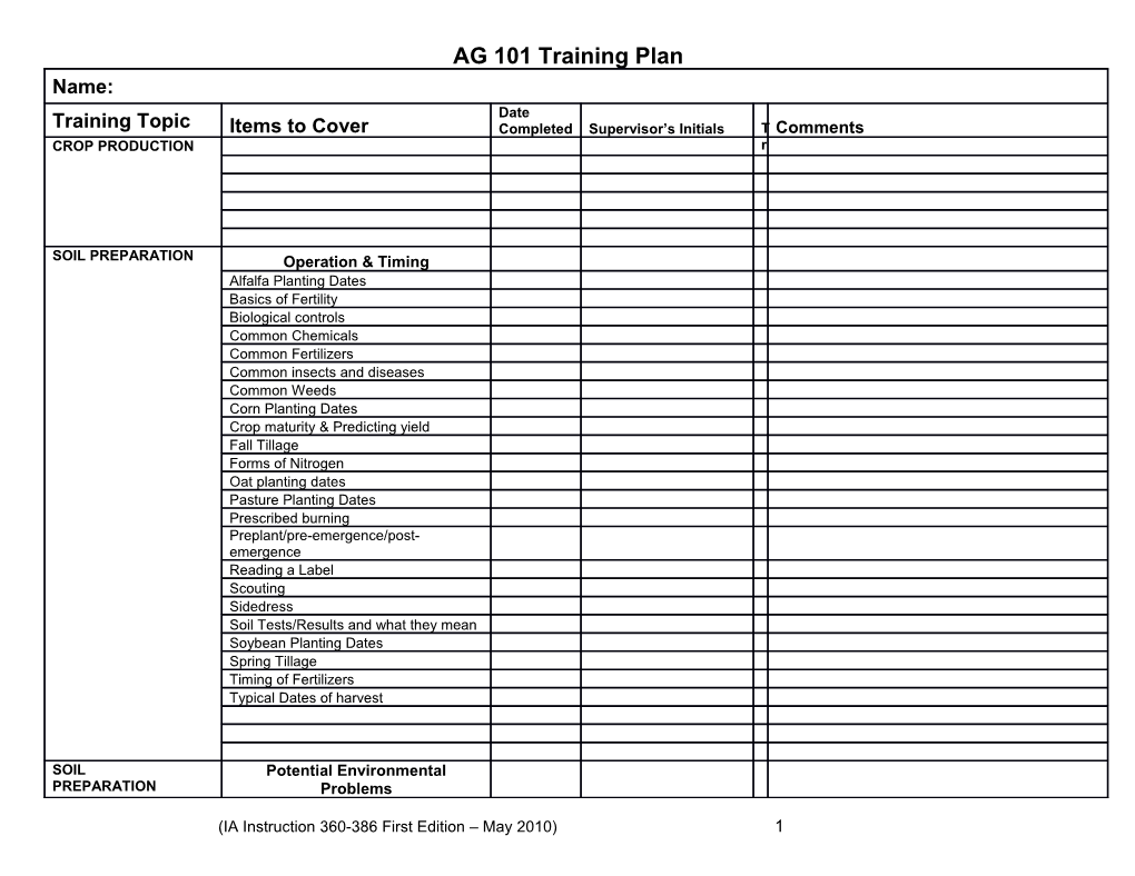 AG 101 Training Plan