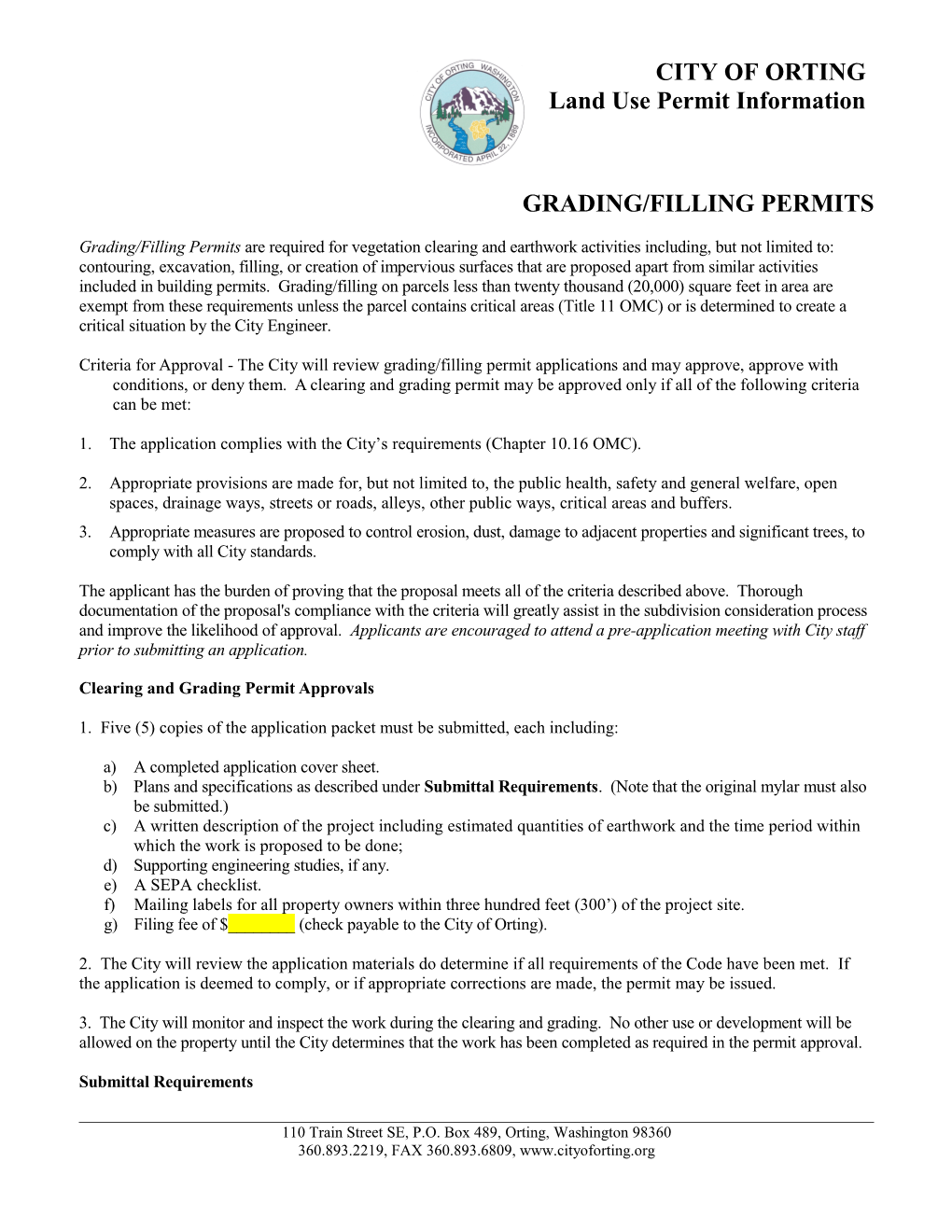 CITY of ORTING - Land Use Permit Information