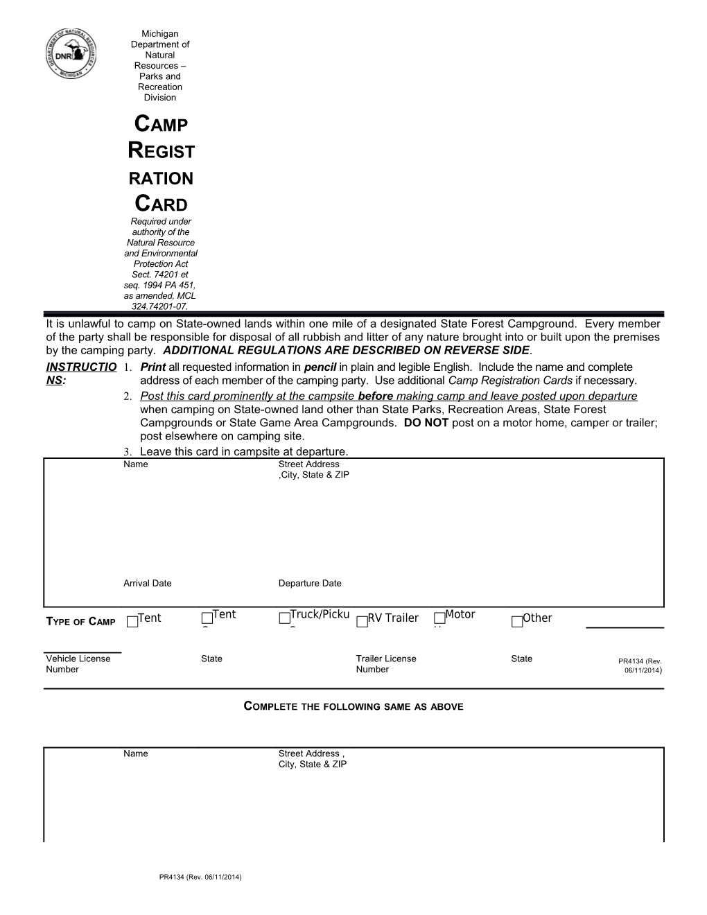 Camp Registration Card Sample