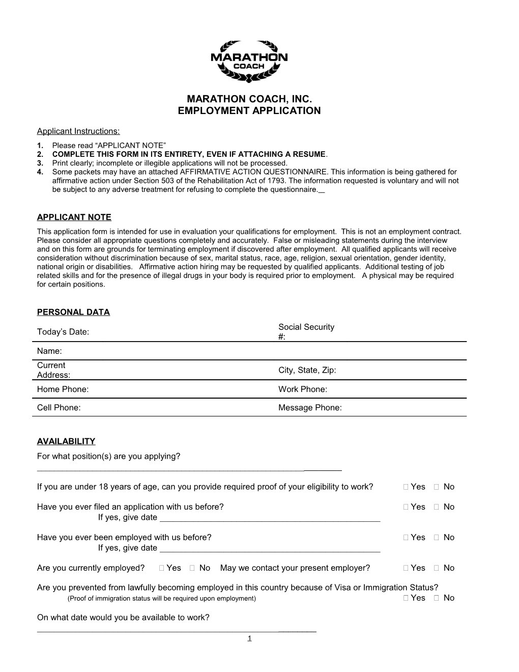 Marathon Coach, Inc., Employment Application