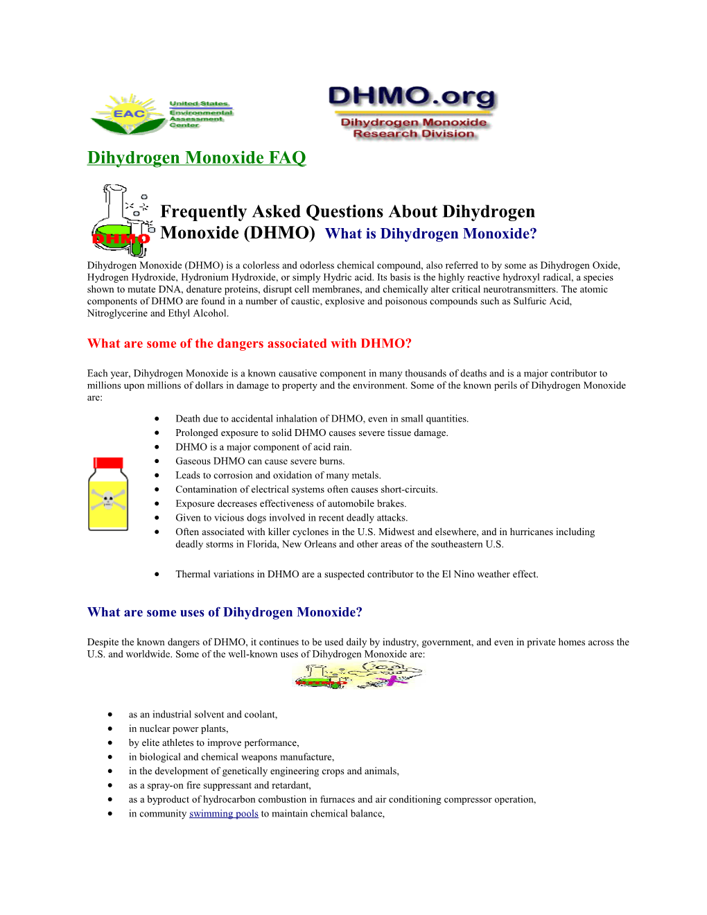 Dihydrogen Monoxide - DHMO Facts