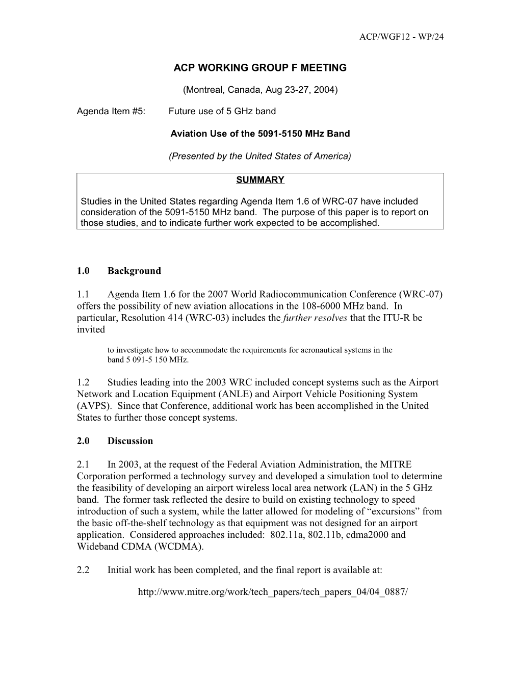 Aviation Use of the 5091-5150 Mhz Band