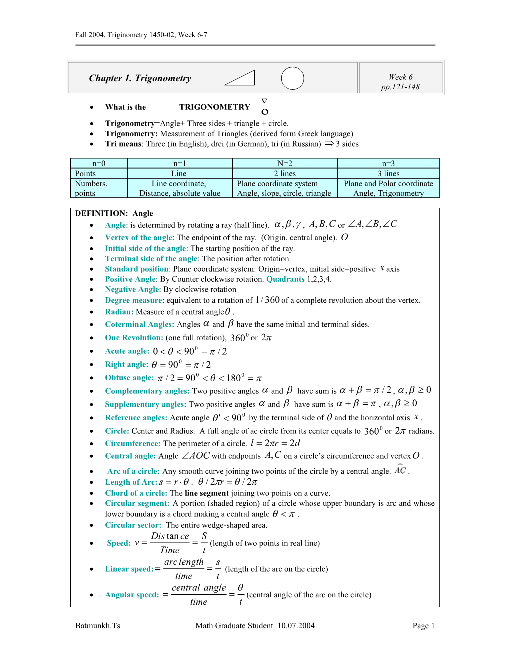 Fall 2004, Triginometry 1450-02, Week 6-7