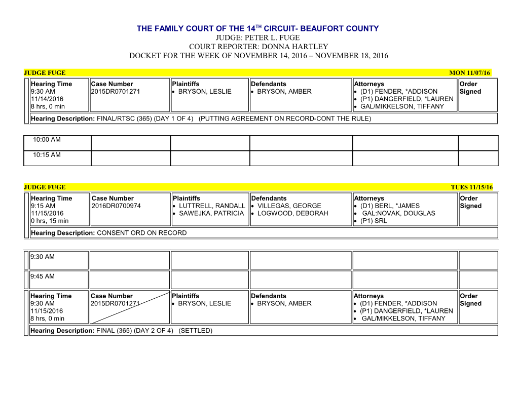 Docket for the Week of November 14, 2016 November 18, 2016