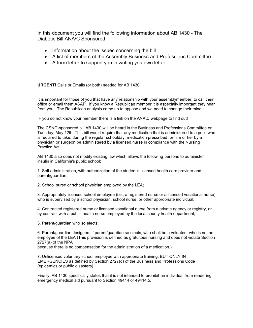 In This Document You Will Find the Following Information About AB 1430 - the Diabetic Bill