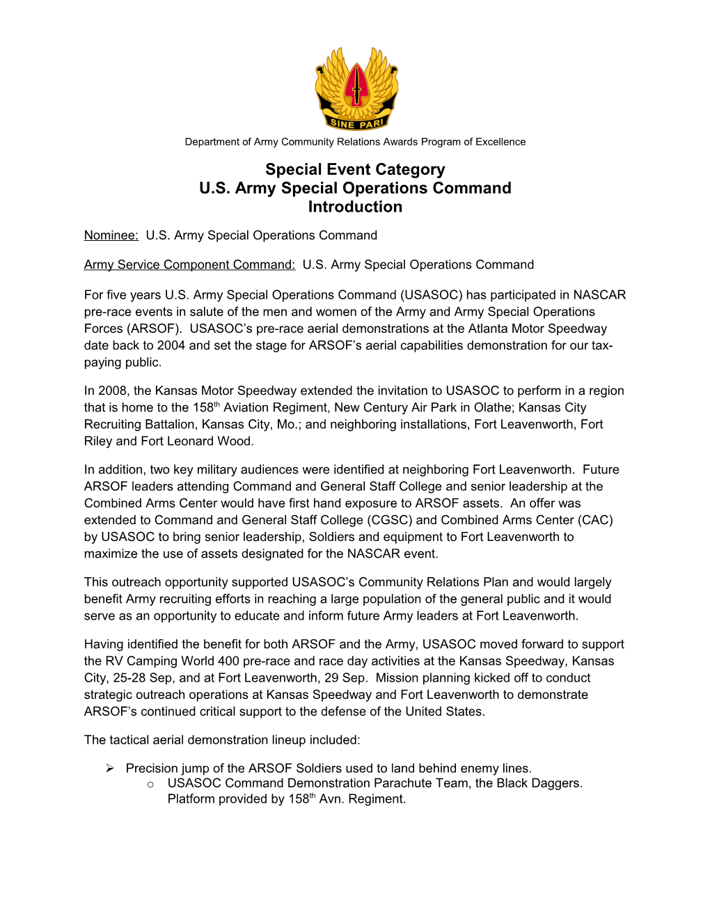 USASOC Kansas Speedway and Fort Leavenworth Outreach Project, Department of Army Community