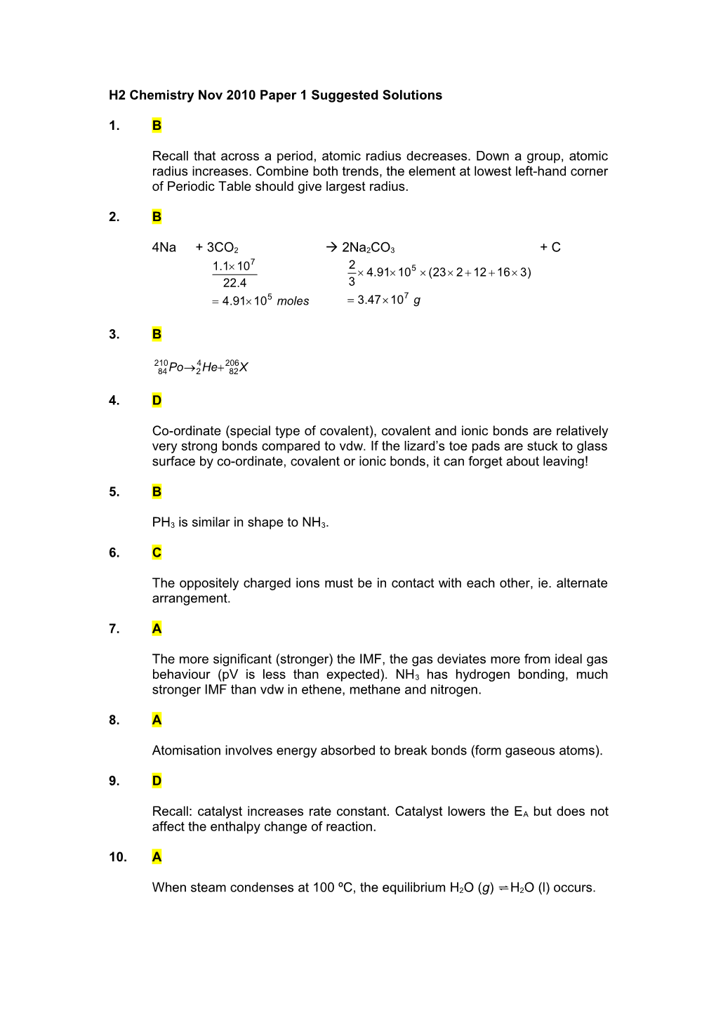 GCE a Level H2 Chemistry Nov 2008 Paper 1 Suggested Solutions