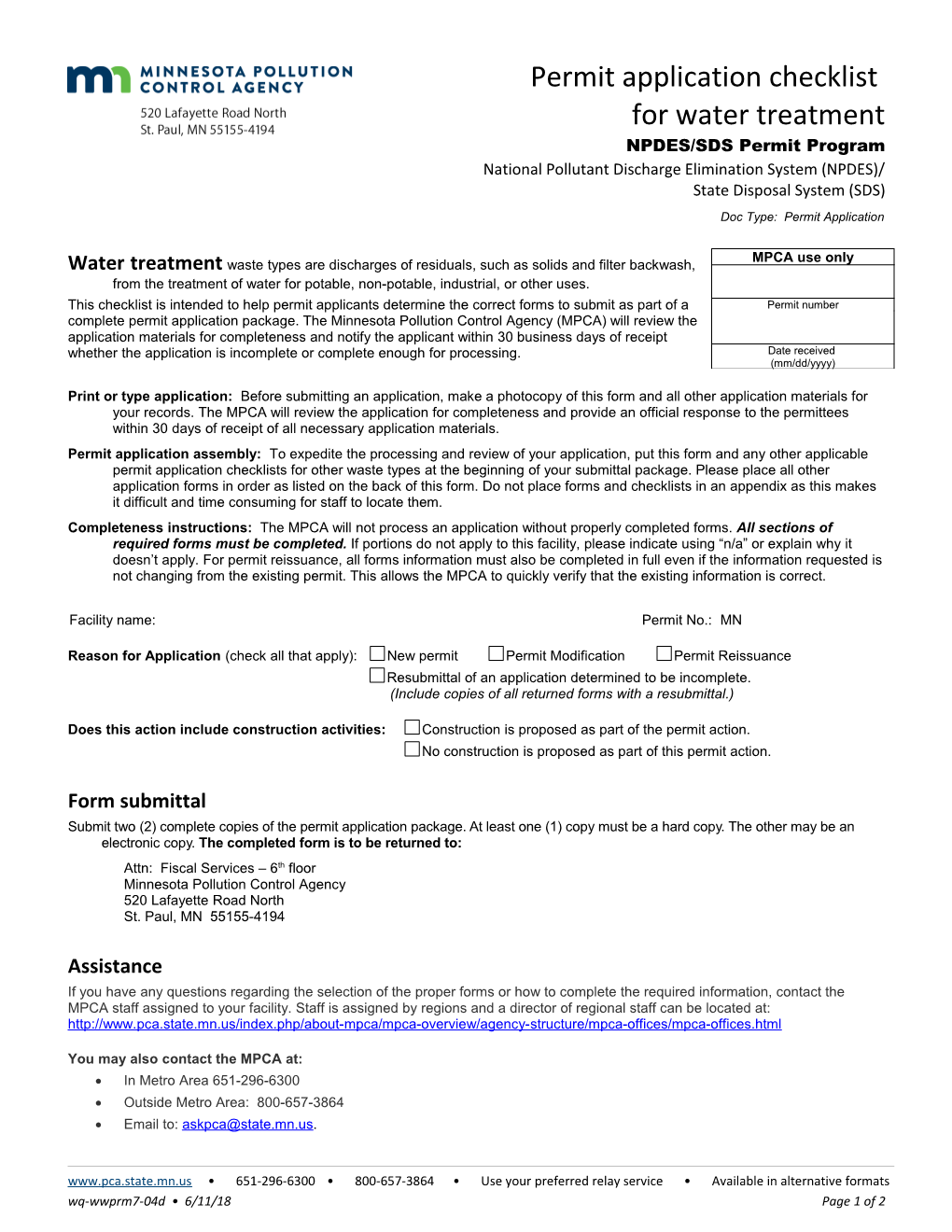 Permit Application Checklist for Water Treatment