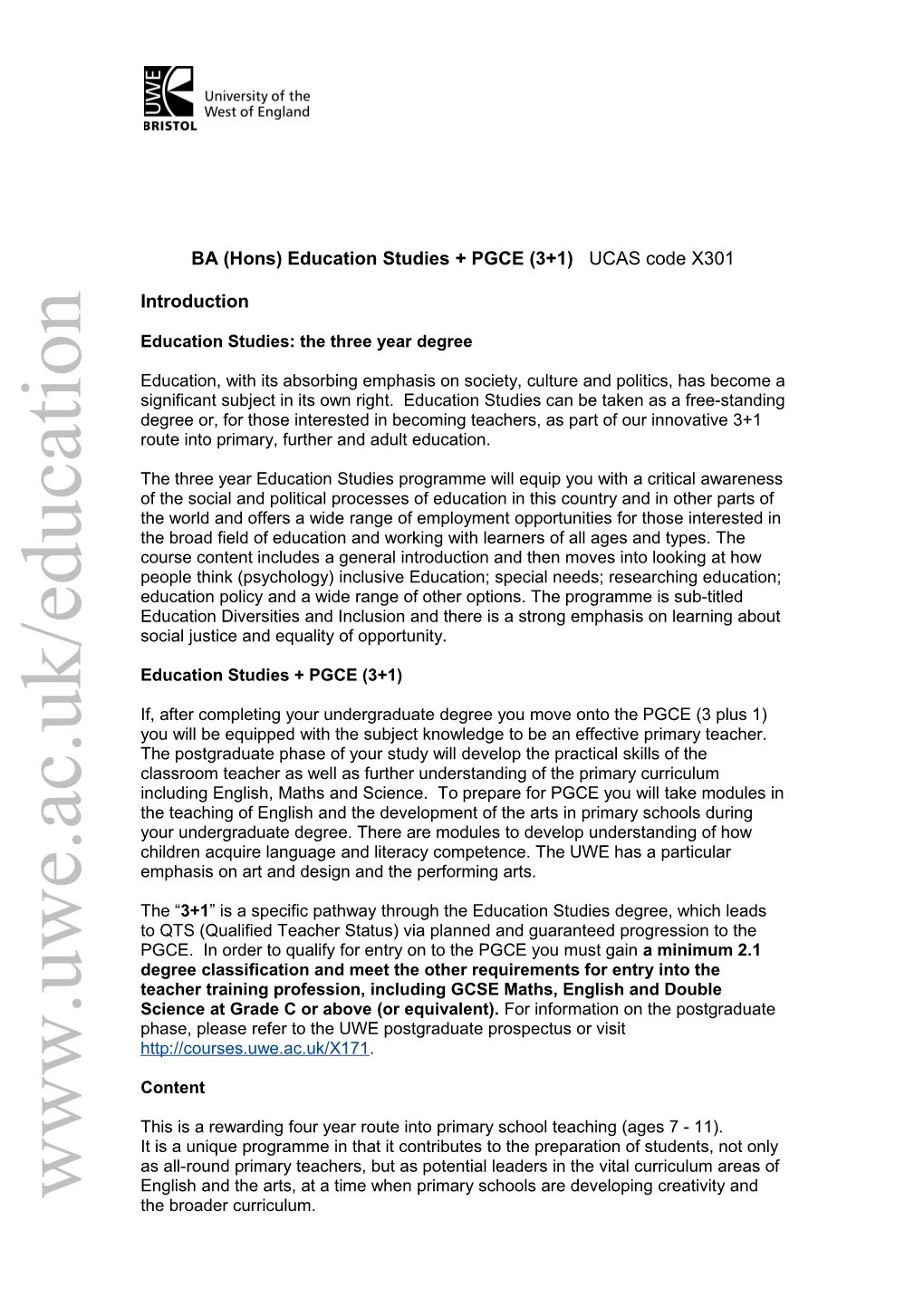 BA (Hons) Education Studies UCAS Code X300