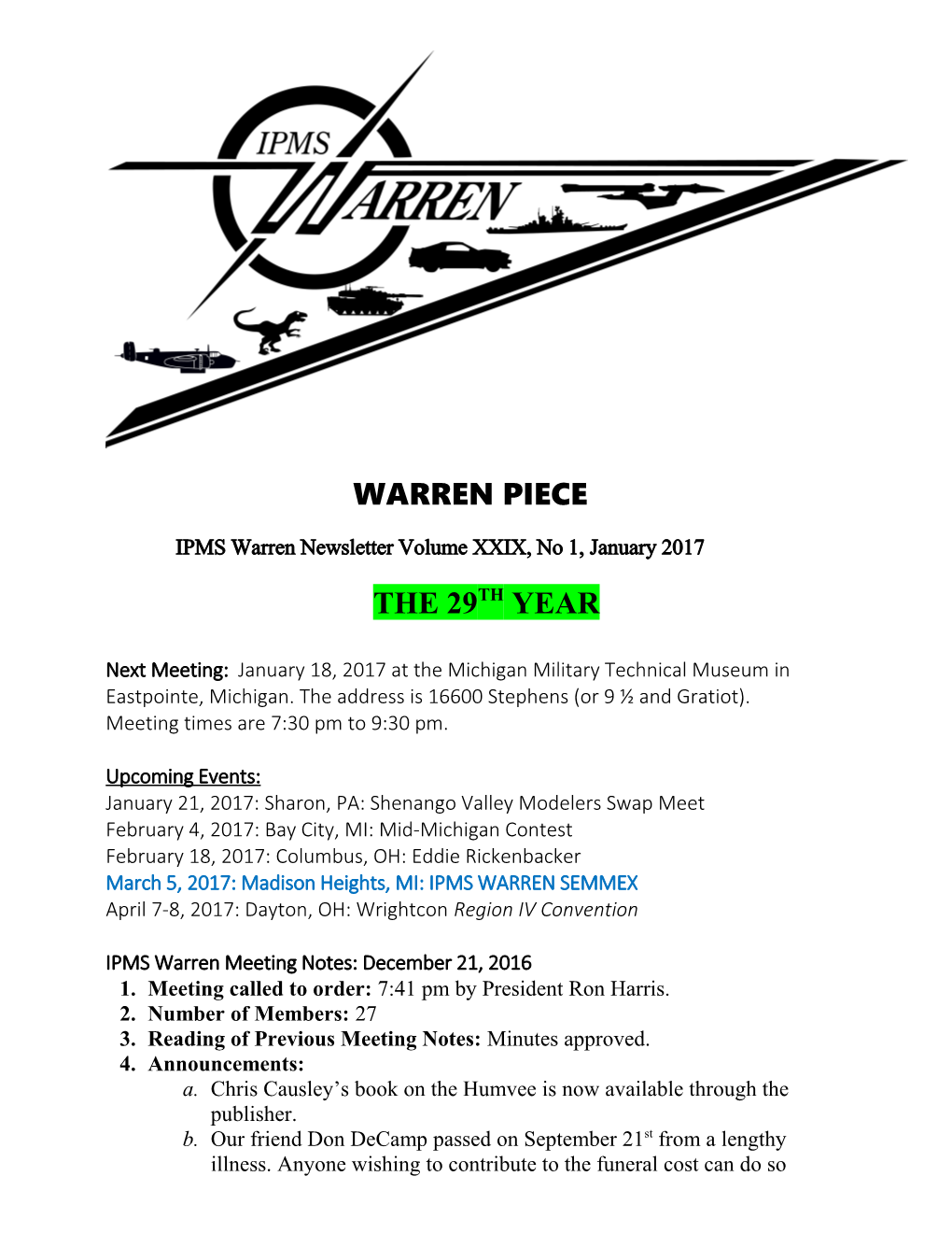 IPMS Warren Newsletter Volume XXIX, No 1, January2017