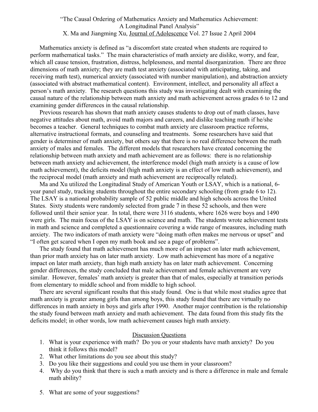 The Causal Ordering of Mathematics Anxiety and Mathematics Achievement