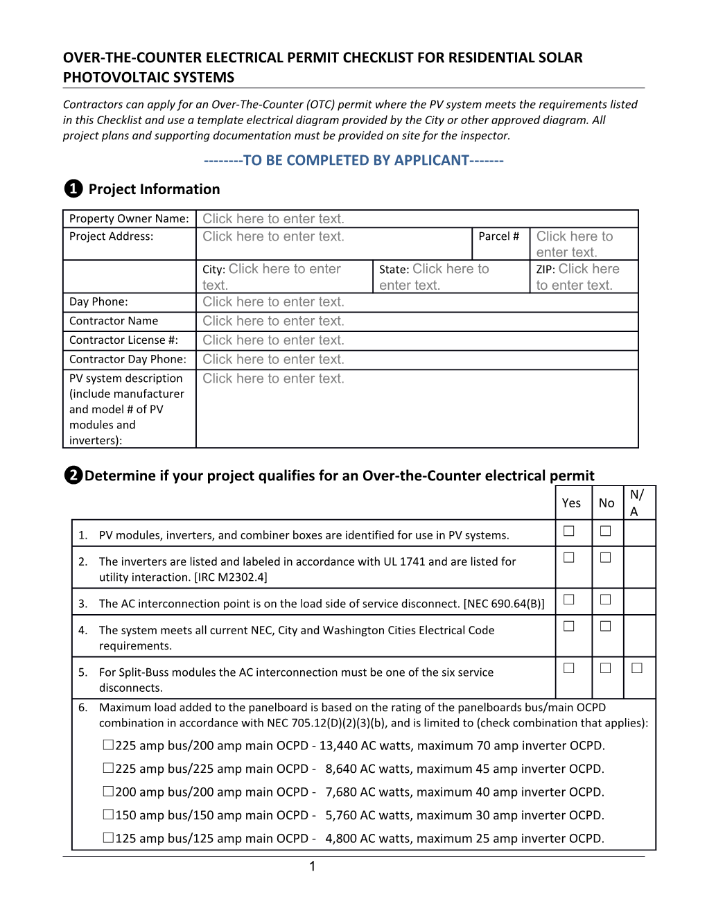 Over-The-Counter Electricalpermitchecklist for Residential Solar Photovoltaic Systems