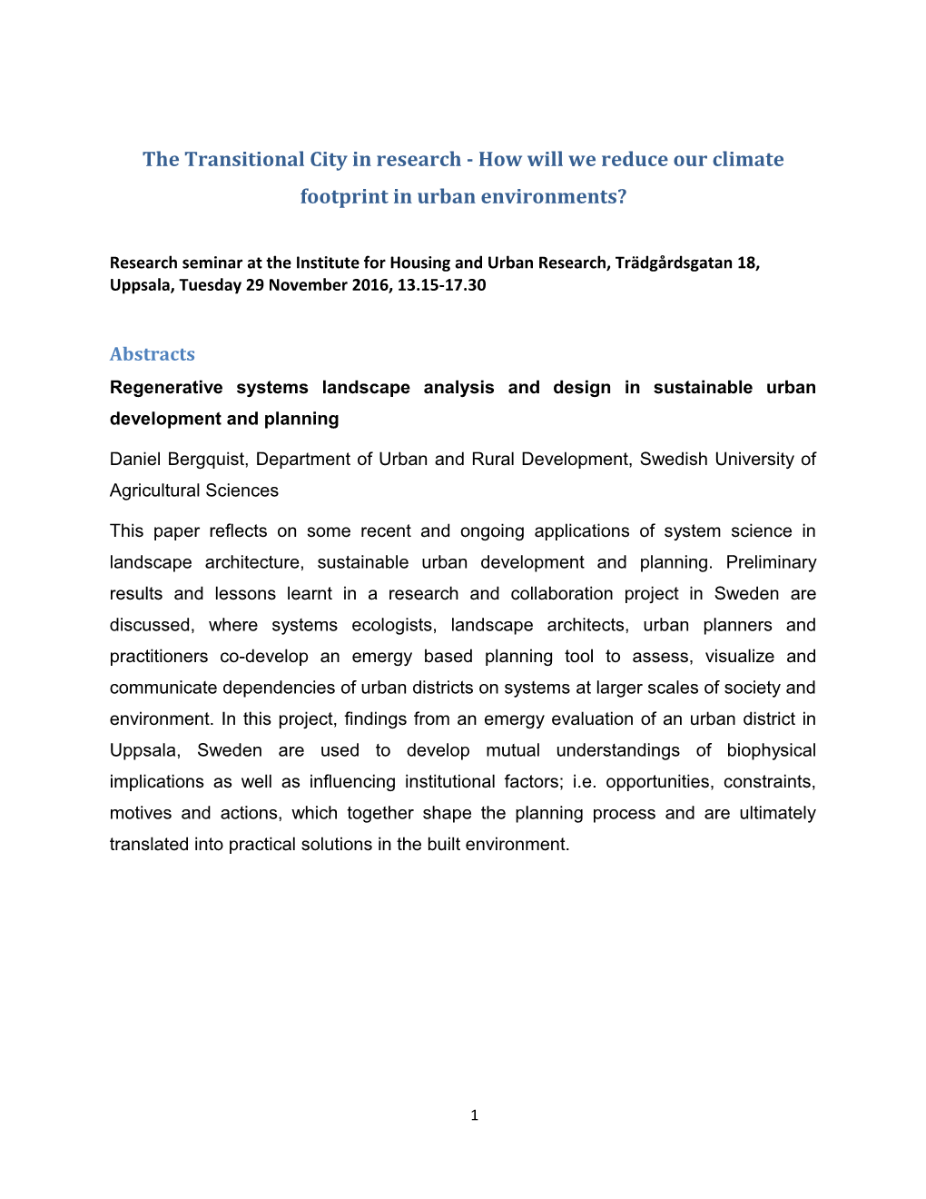 The Transitional City in Research - How Will We Reduce Our Climate Footprint in Urban