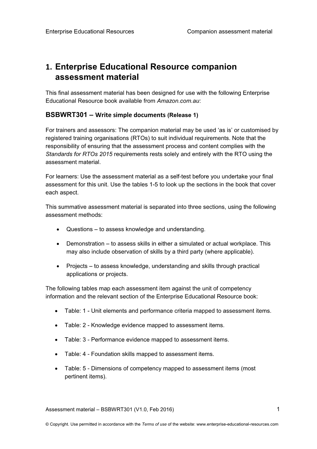 Enterprise Educational Resource Companion Assessment Material