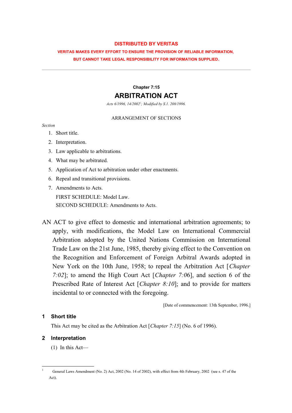 Arbitration Act - No. 6 of 1996 - Chapter 7-15