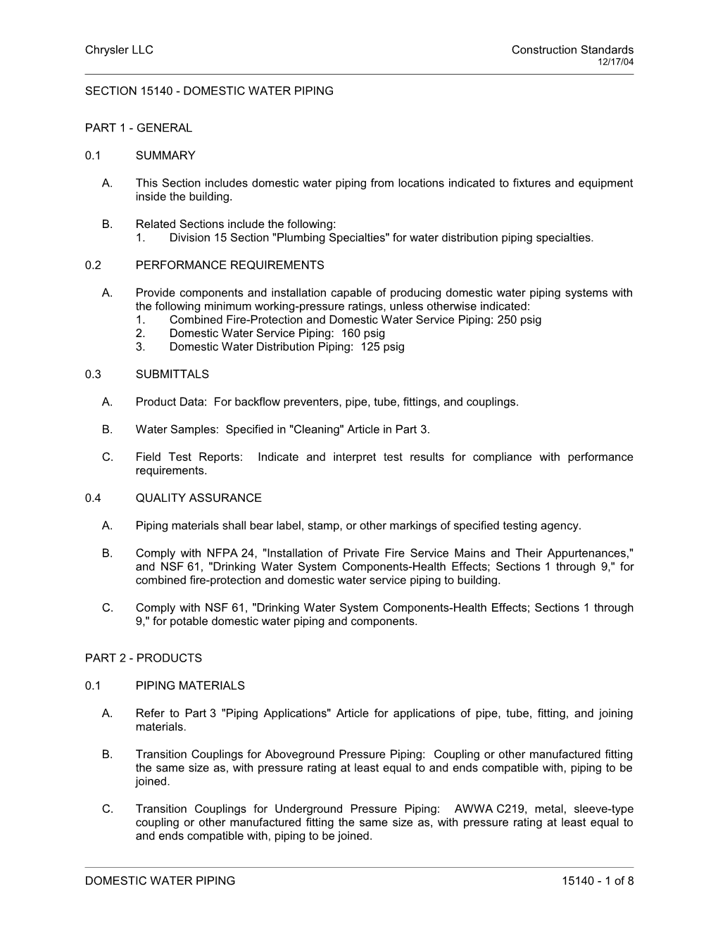 Section 15140 - Domestic Water Piping