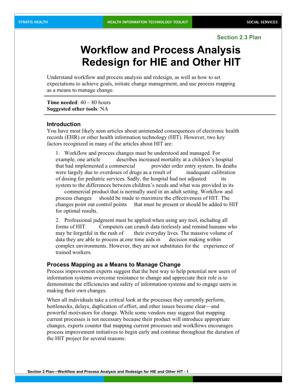 2 Workflow and Process Analysis and Redesign for HIE and Other HIT
