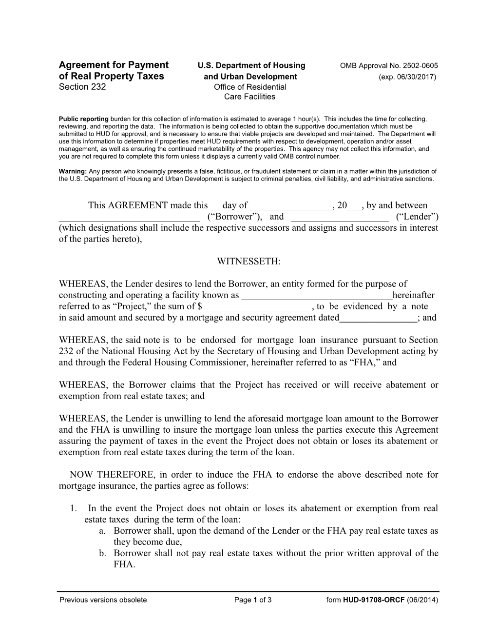 Agreement for Payment U.S. Department of Housing OMB Approval No. 2502-0605