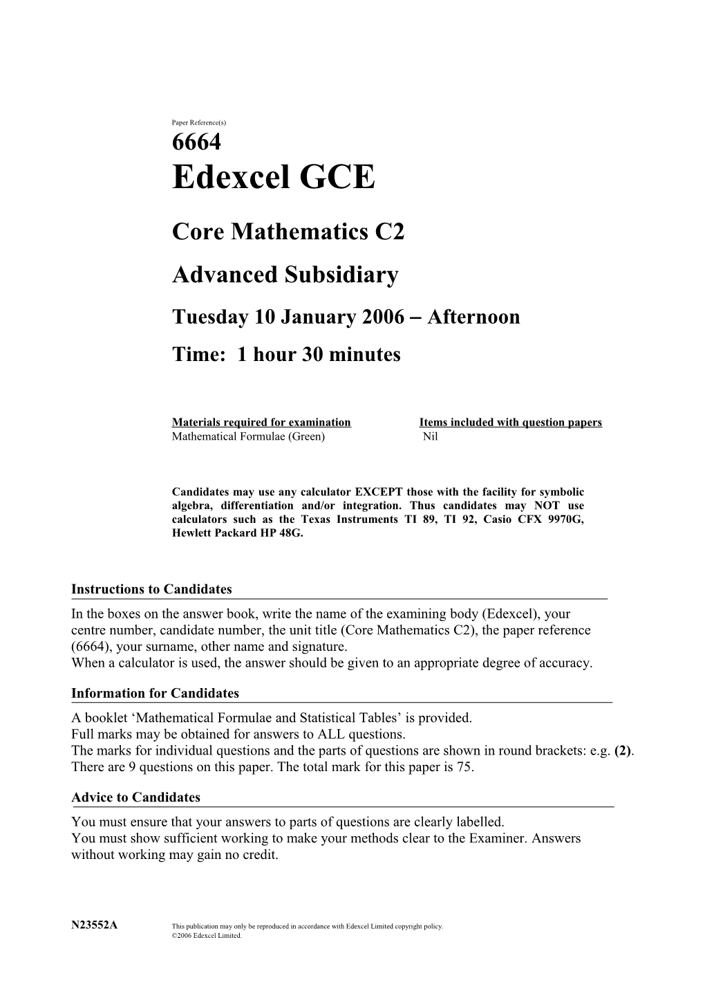 January 2006 - 6664 Core C2 - Question Paper