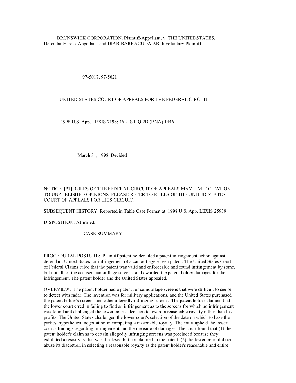 BRUNSWICK CORPORATION, Plaintiff-Appellant, V