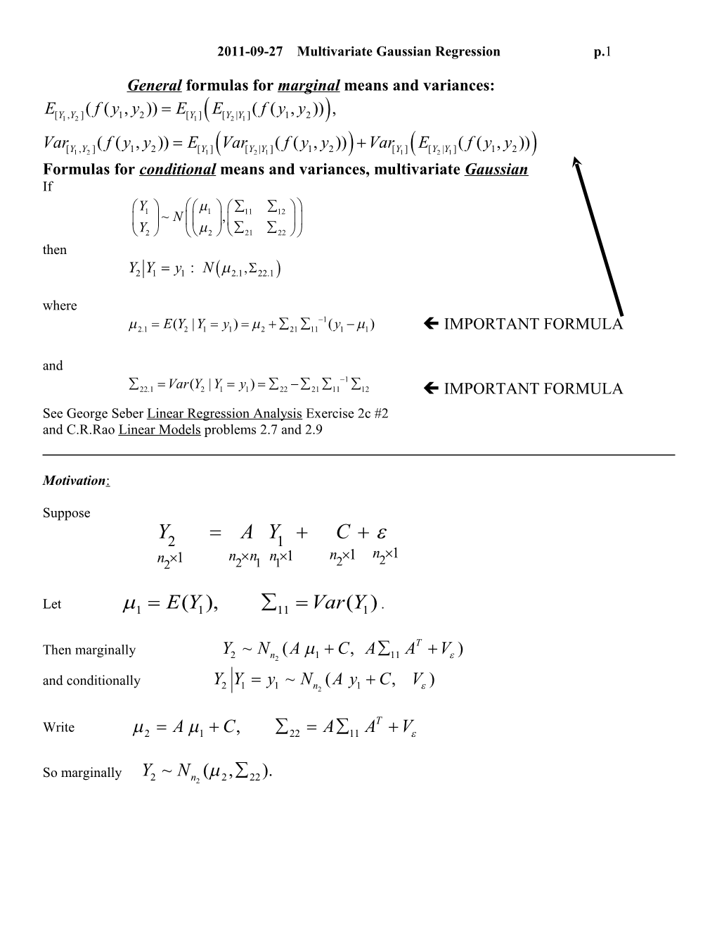 Formulas Forconditional Means and Variances, Multivariate Gaussian