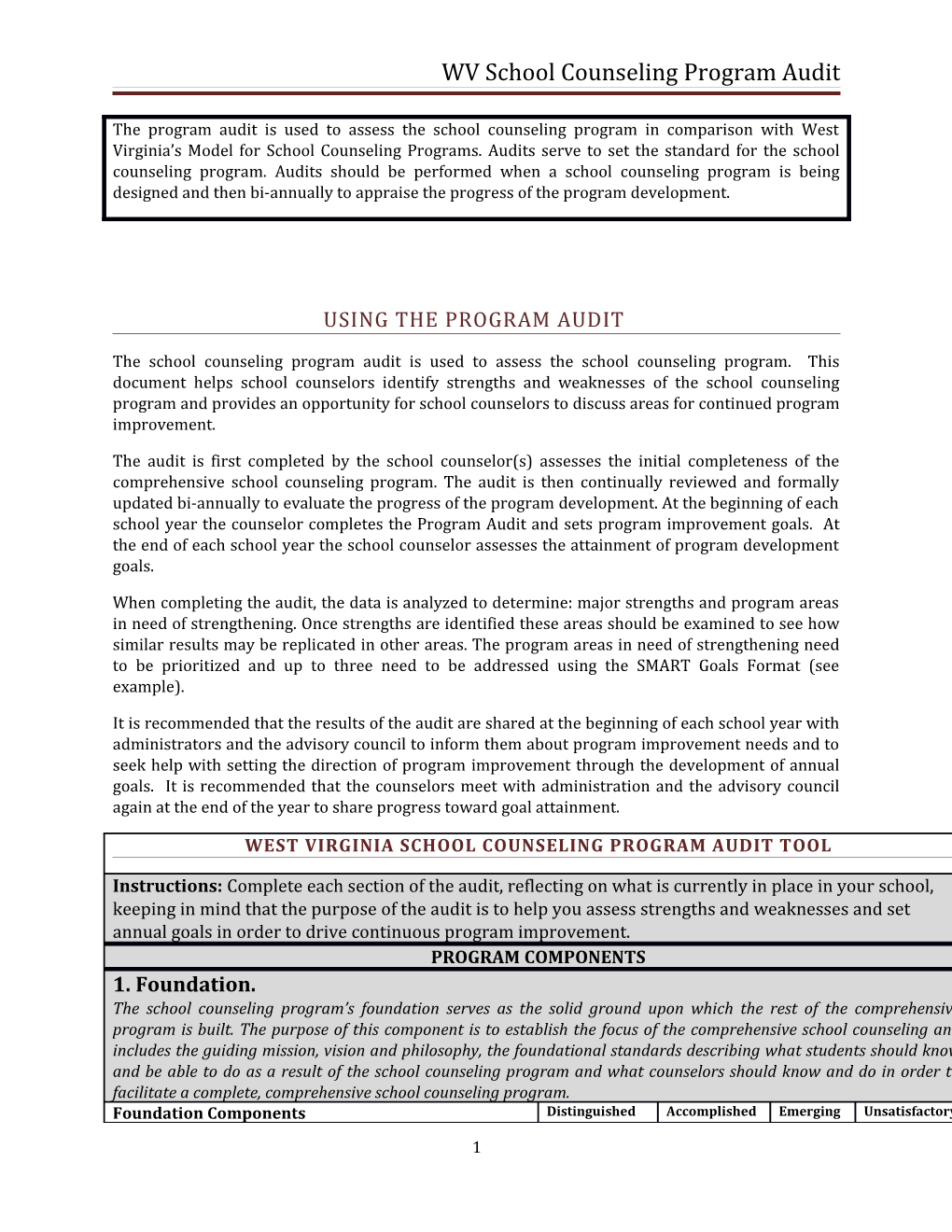 WV School Counseling Program Audit