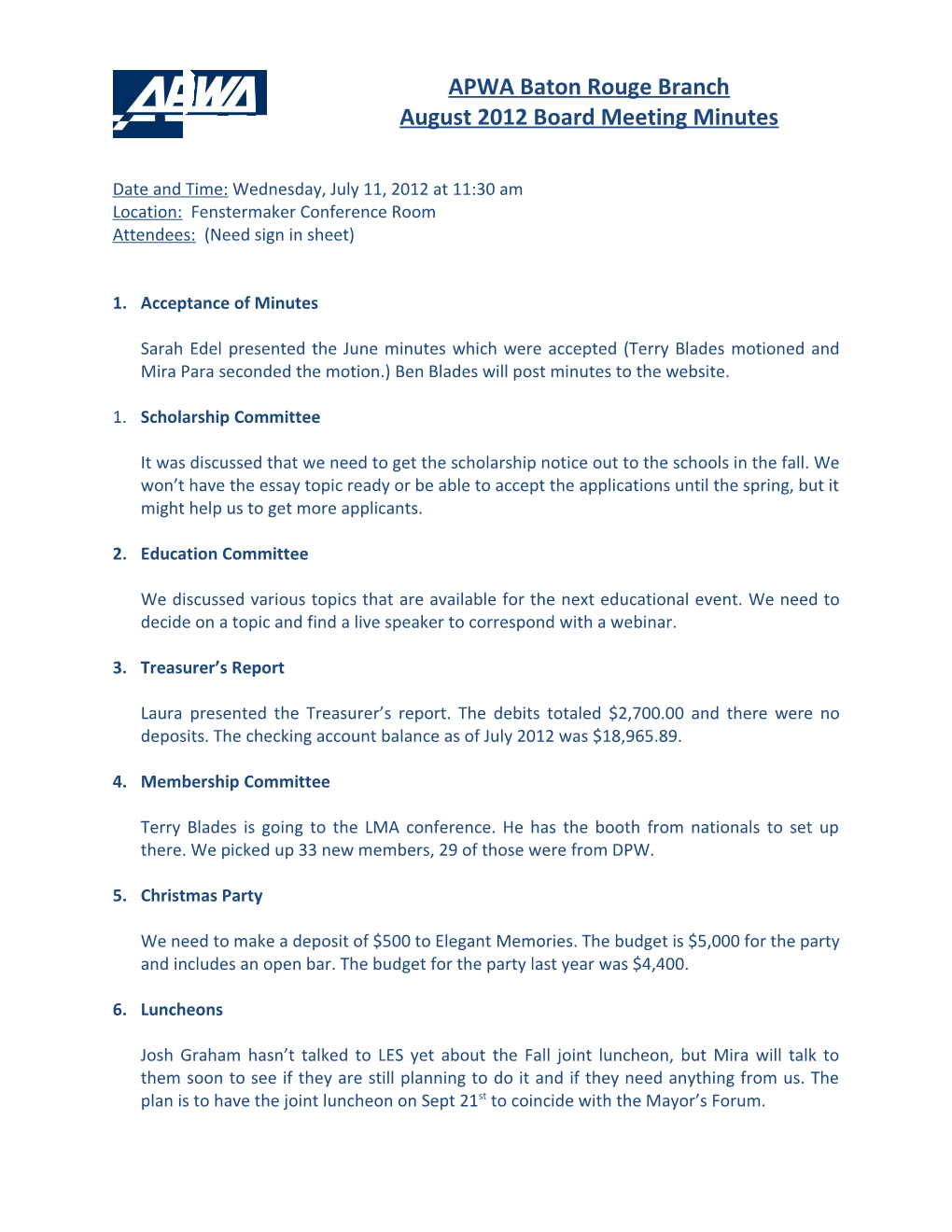 August 2012 Board Meeting Minutes