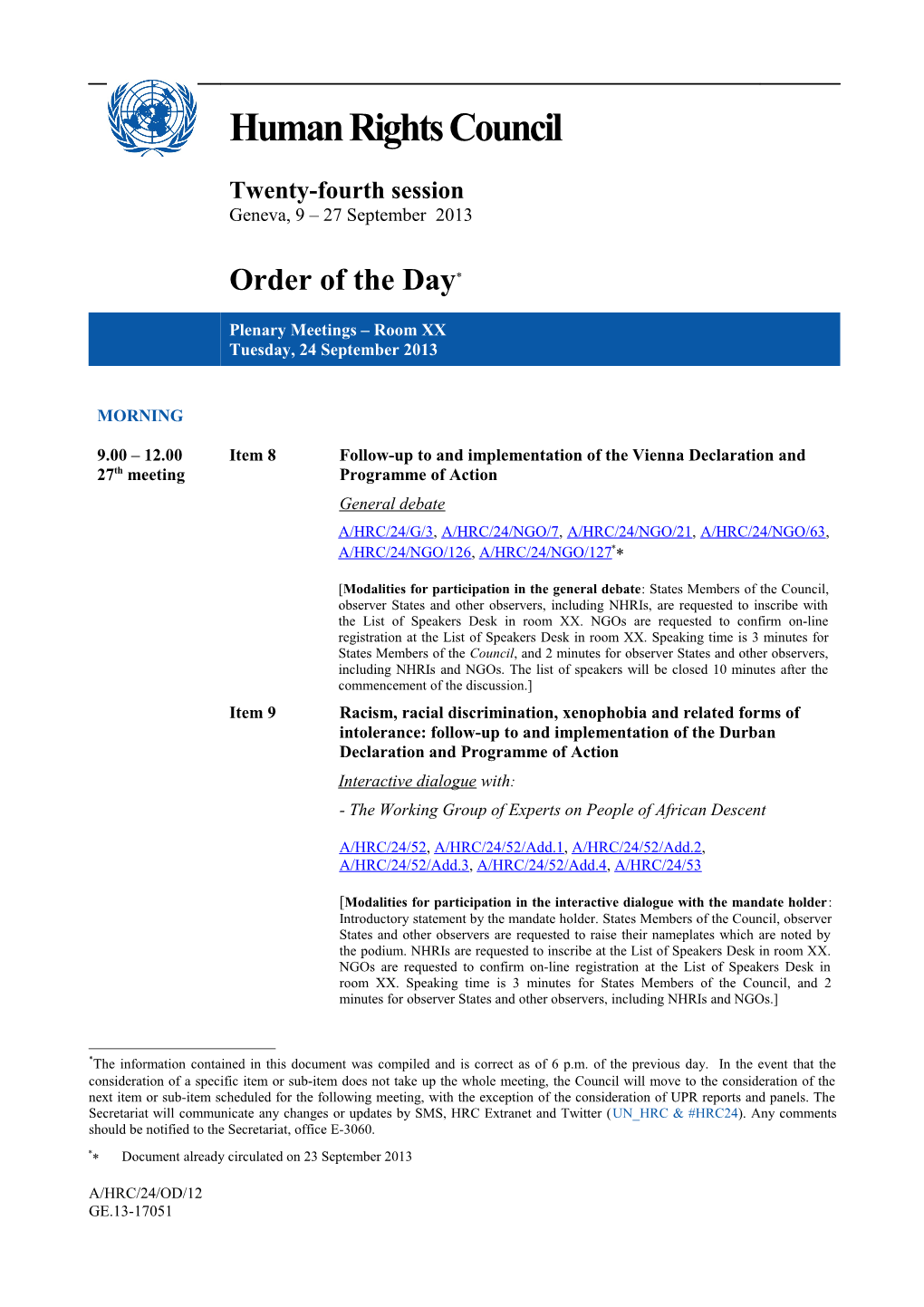 Order of the Day, Tuesday, 24 September 2013 (Word)