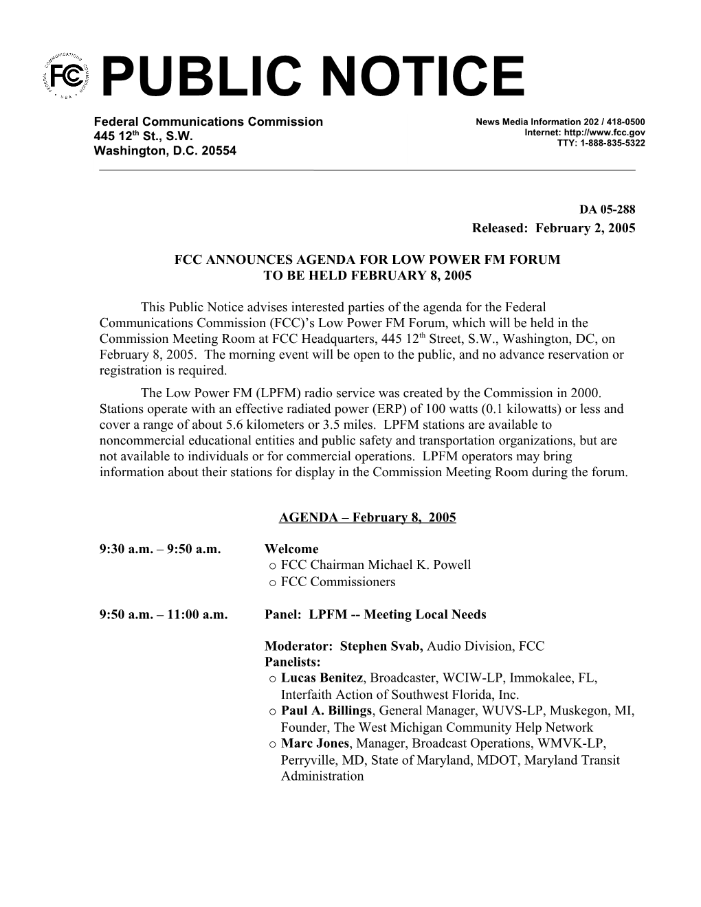 FCC ANNOUNCES AGENDA for LOW POWER Fm Forum