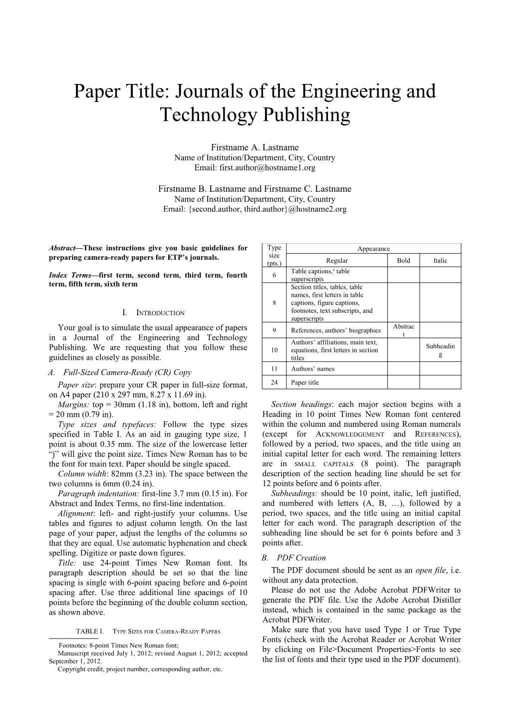 Paper Title: Journals of the Engineering and Technology Publishing