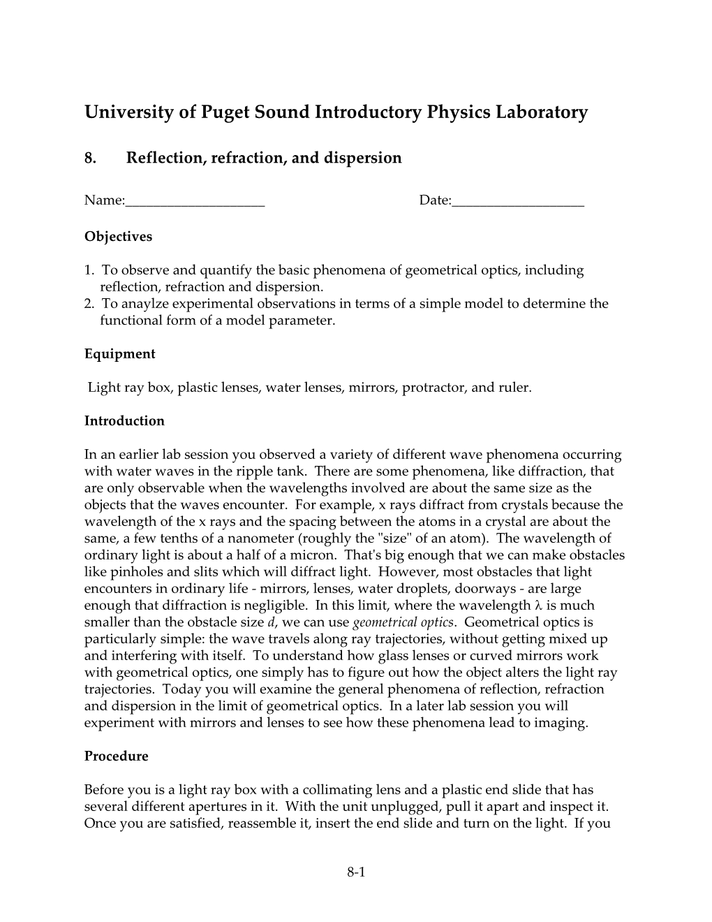 University of Puget Sound Introductory Physics Laboratory