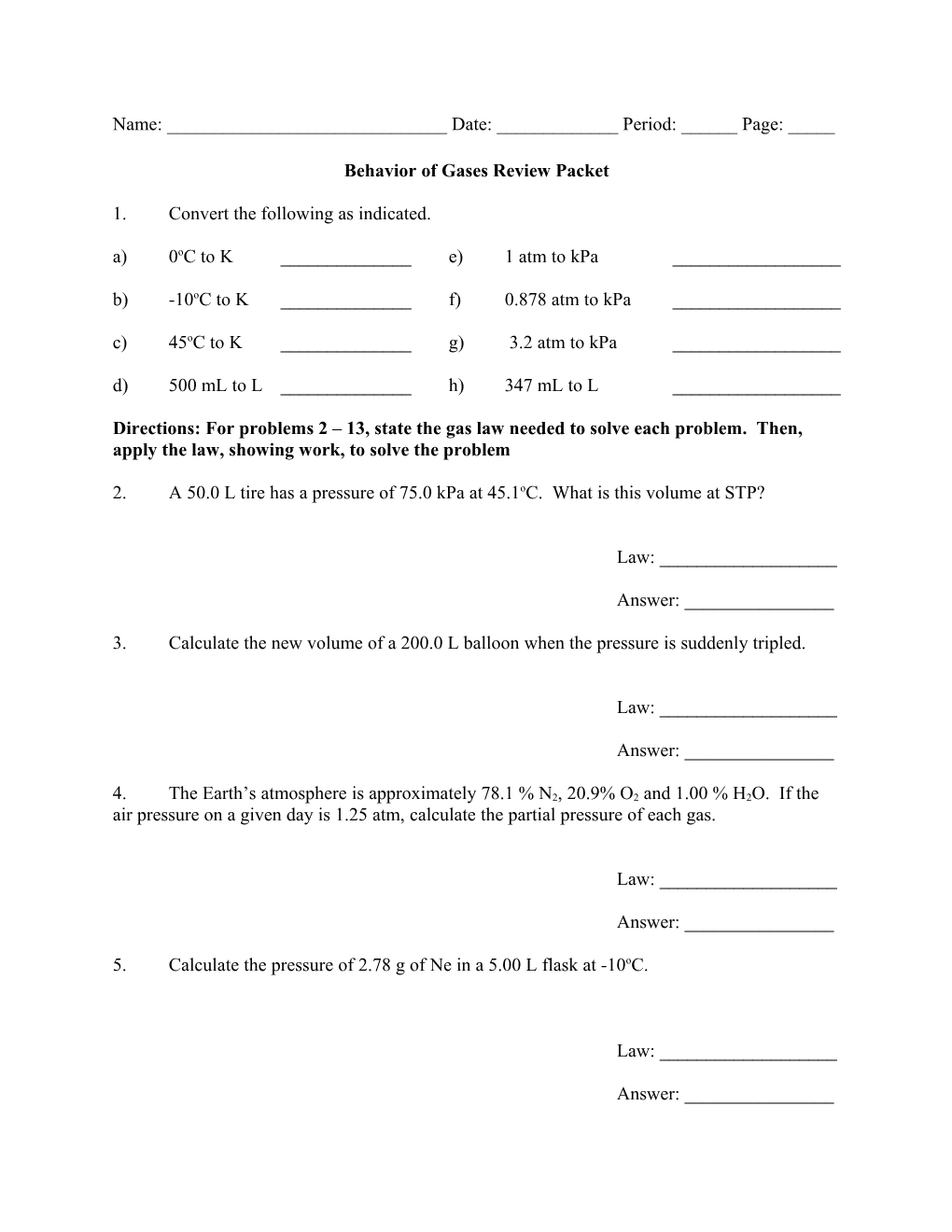 Behavior of Gases Review