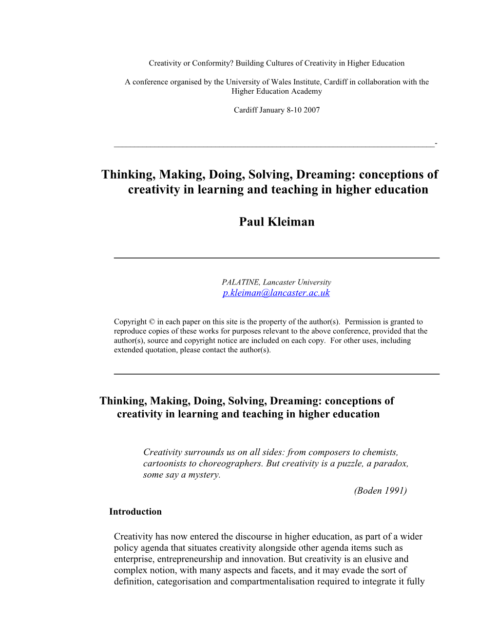 Thinking, Making, Doing, Solving, Dreaming: Conceptions of Creativity in Learning and Teaching