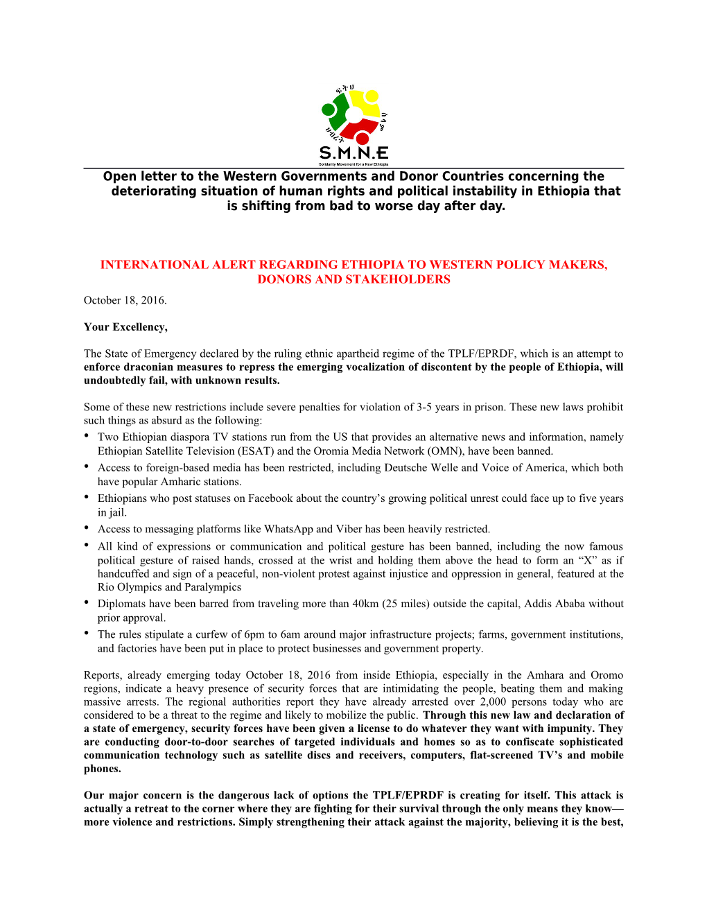 International Alert Regarding Ethiopia to Western Policy Makers, Donors and Stakeholders