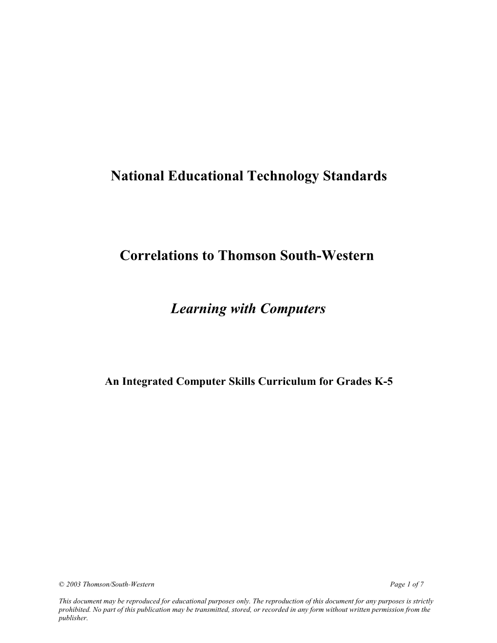 Thomson/South-Western Computer Literacy Scope and Sequence