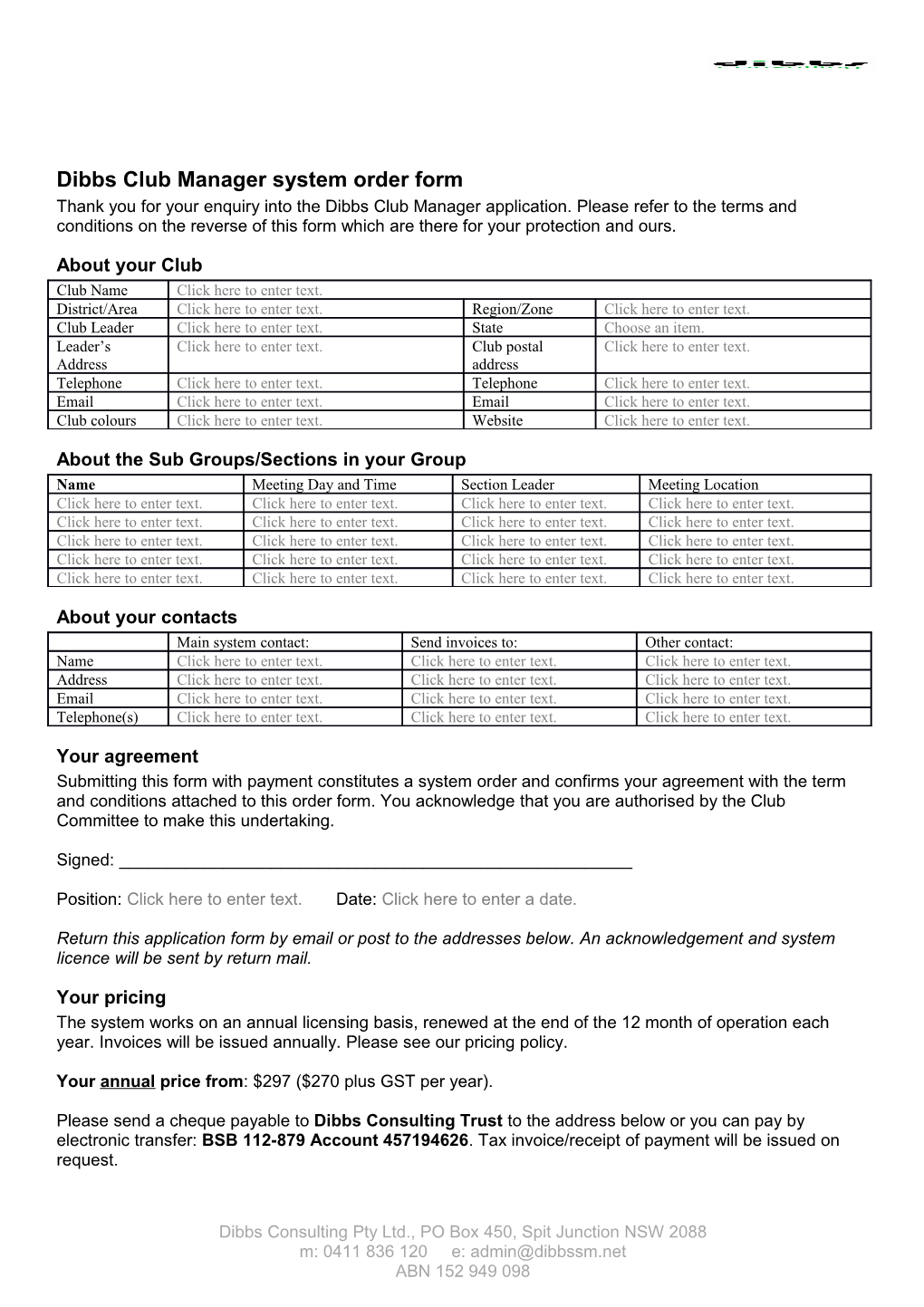 Dibbsclub Manager System Order Form