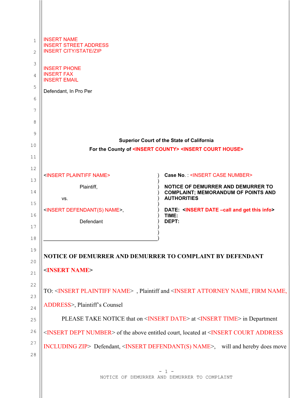 Sample Demurrer to Unlawful Detainer Complaint for California