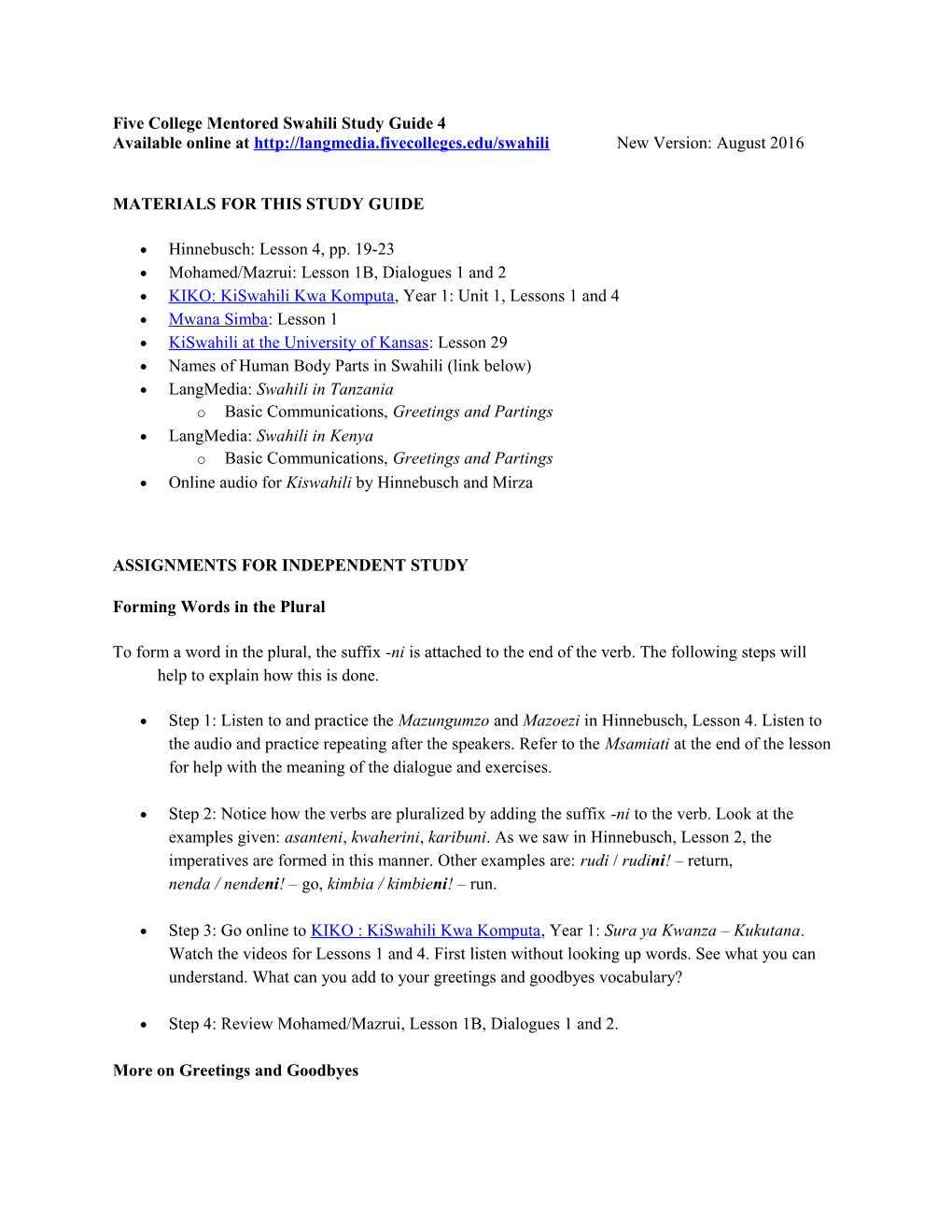 Five College Mentored Swahili Study Guide 1