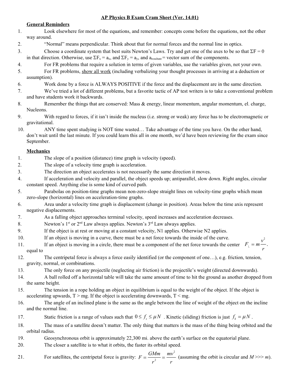AP Physics B Exam Cram Sheet
