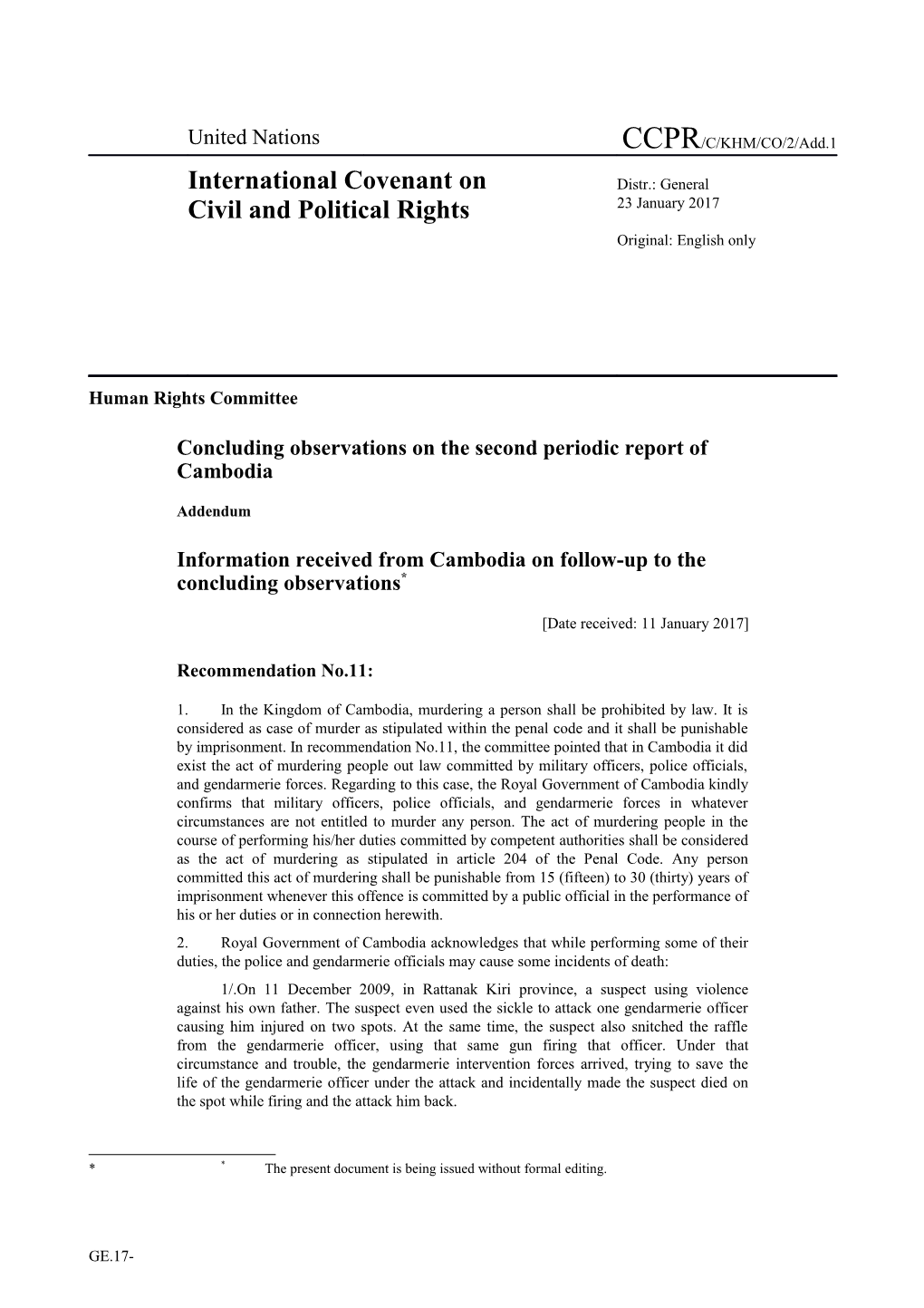 Concluding Observations on the Second Periodic Report of Cambodia