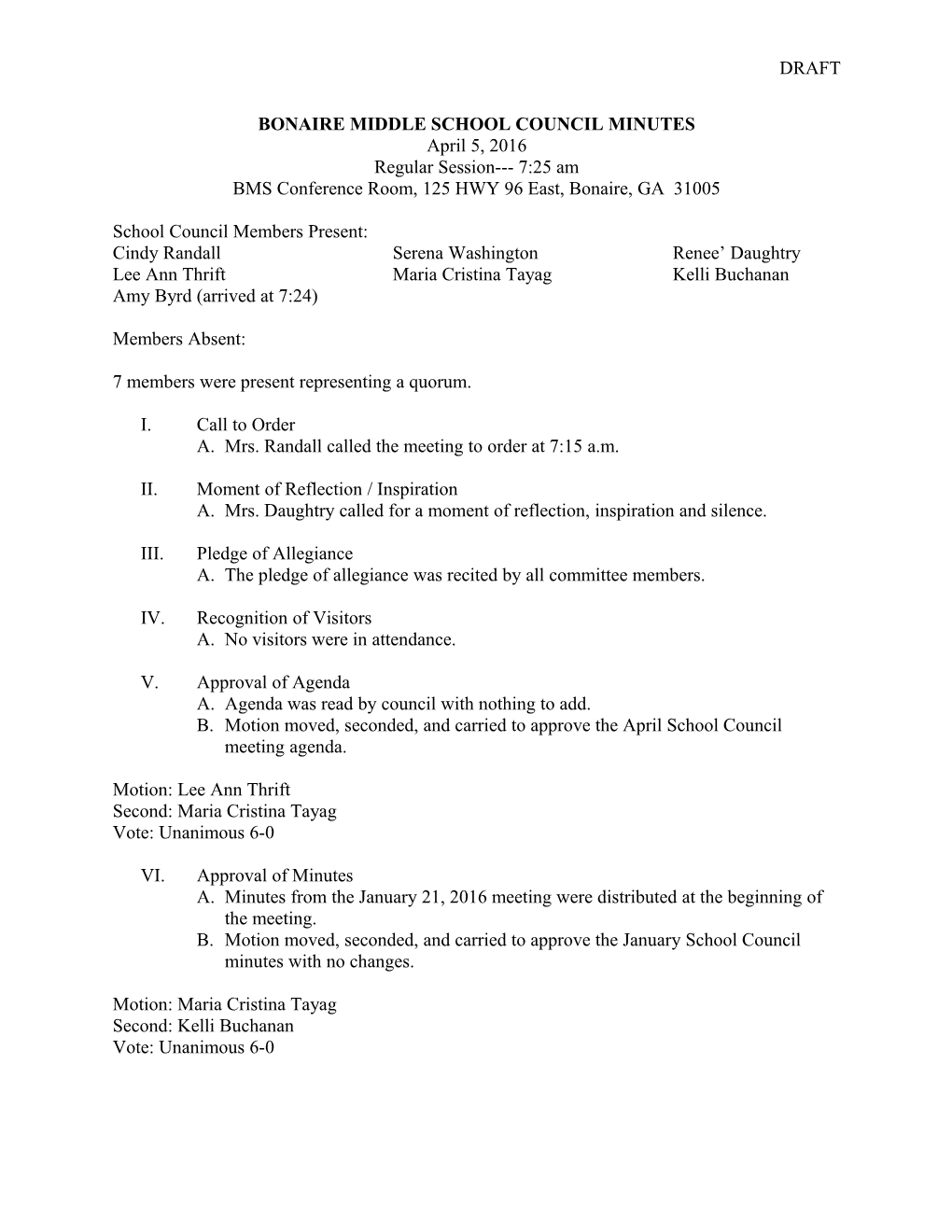 Bonaire Middle School Council Minutes