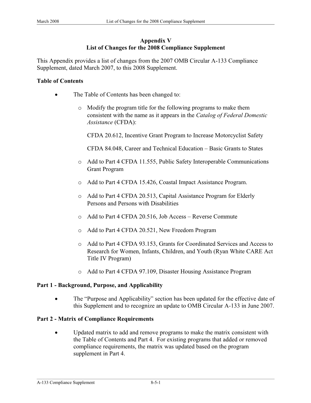 List of Changes for the 2008 Compliance Supplement