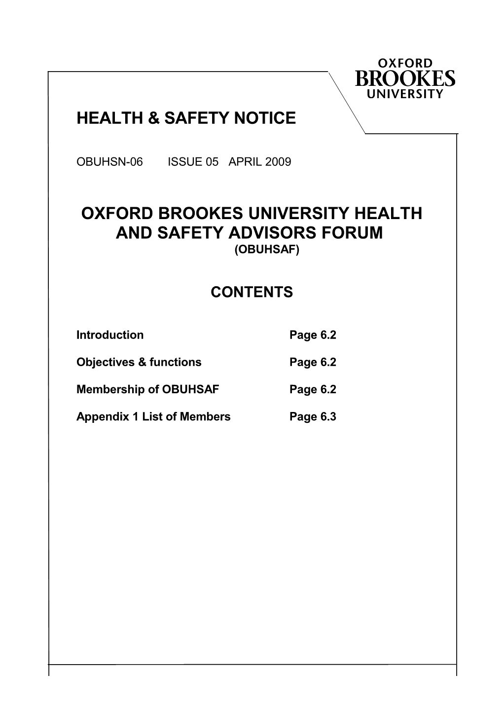 Oxford Brookes University Health and Safety Advisors Forum