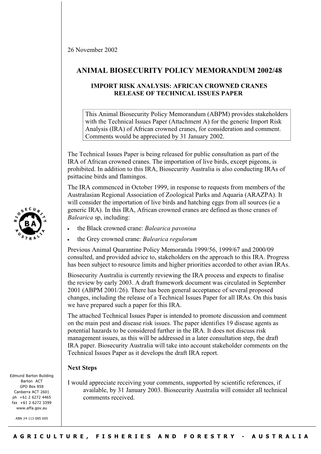 Animal Biosecurity Policy Memorandum 2002/48