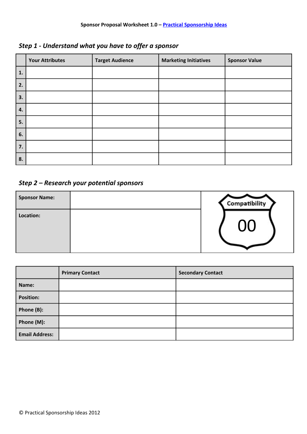 Sponsor Proposal Worksheet 1.0 Practical Sponsorship Ideas