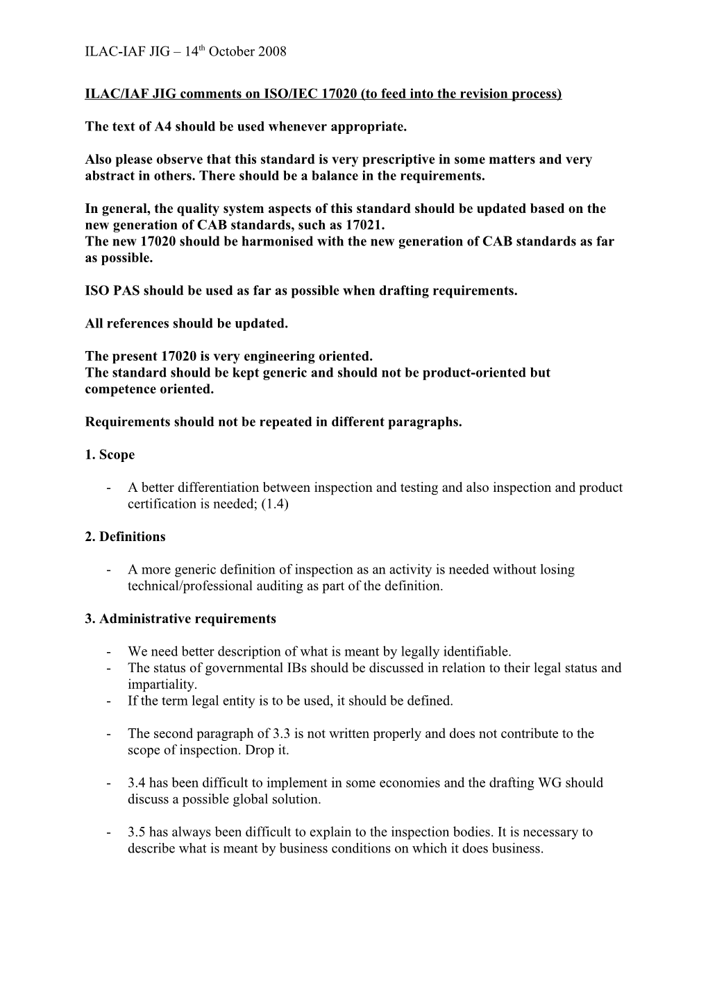 ILAC/IAF JIG Comments on ISO/IEC 17020 (To Feed Into the Revision Process)